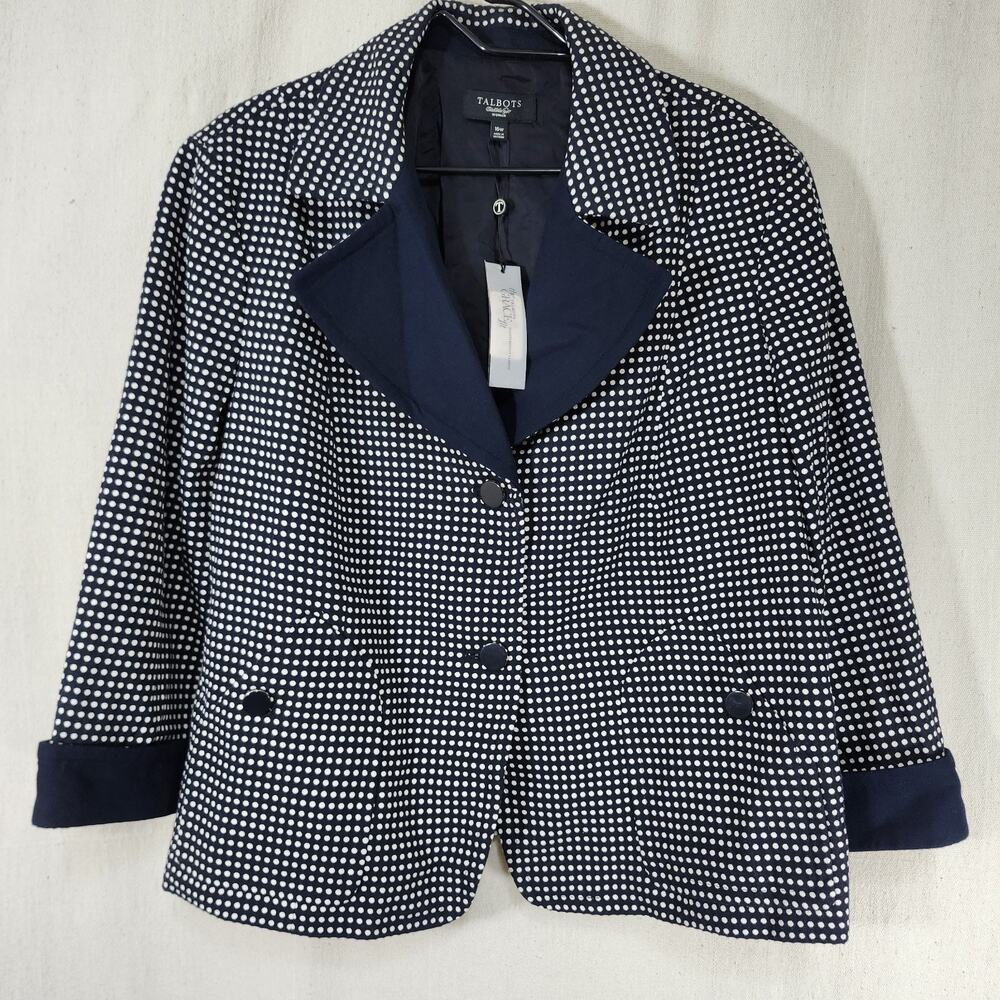 Talbots Navy-Blue Polka Dot Textured Blazer Preppy Career Jacket Womens 16W